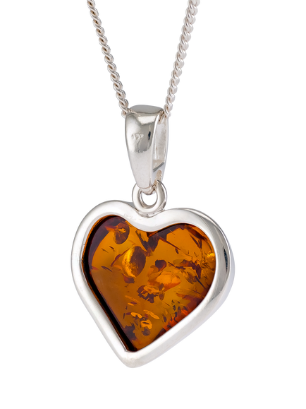 Be-Jewelled Baltic Amber Heart Pendant Necklace, Silver/Cognac - view 2, Silver/Cognac