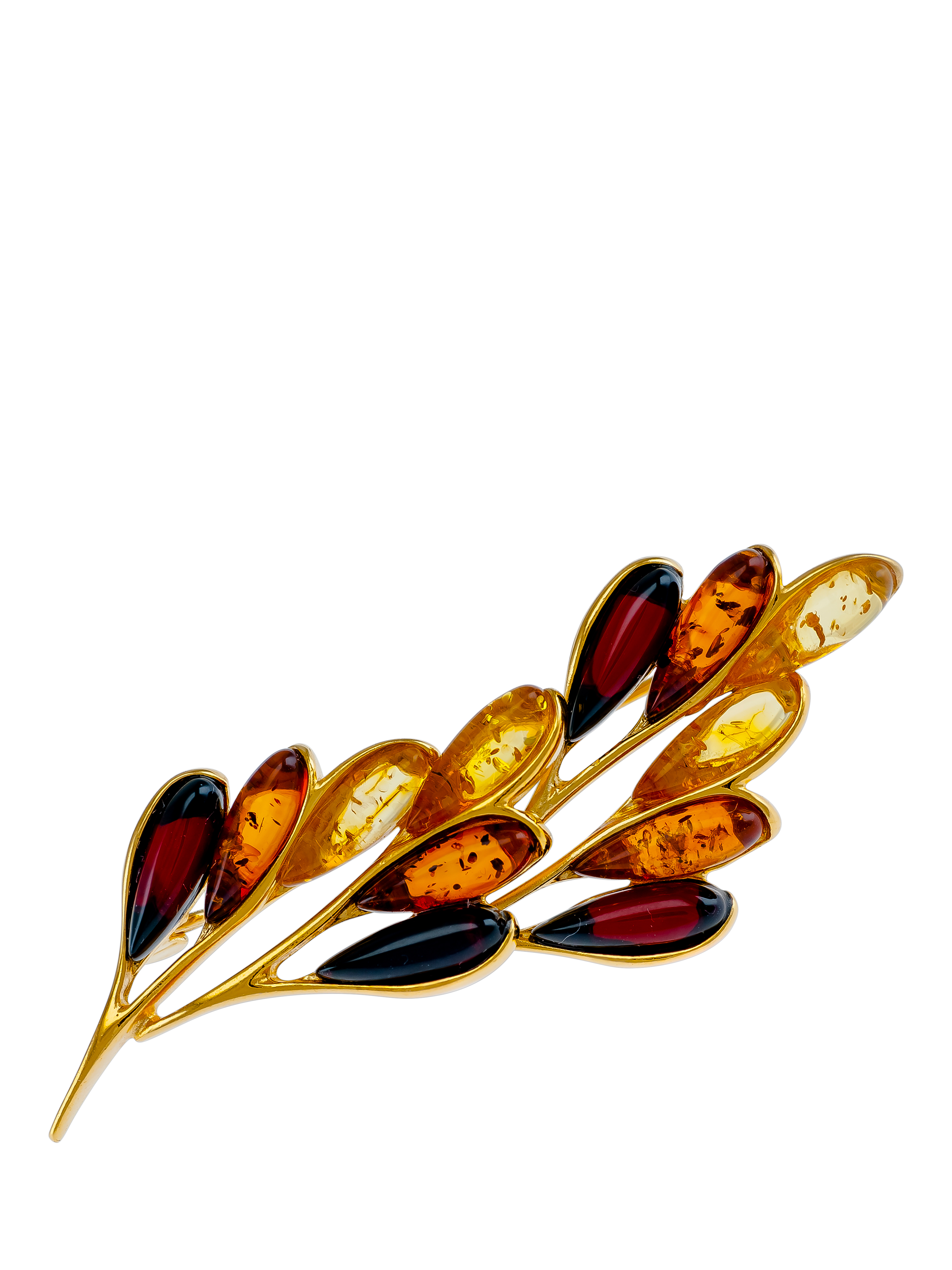 Be-Jewelled Gold Plated Sterling Silver Amber Leaf Brooch, Orange/Brown