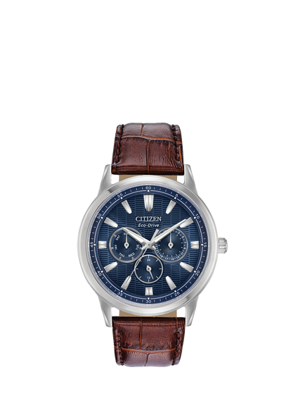 Citizen BU2070-12L Men's Eco-Drive Chronograph Leather Strap Watch, Brown/Blue, 