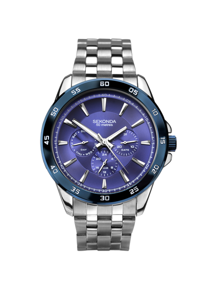 Sekonda 1391.27 Men's Chronograph Bracelet Strap Watch, Silver/Blue, Silver/Blue