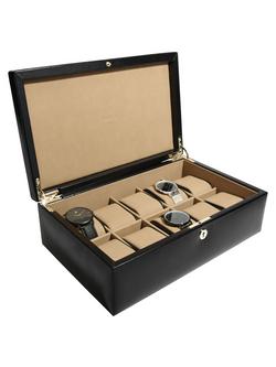 Dulwich Designs Windsor Leather 10 Piece Watch Box, Black