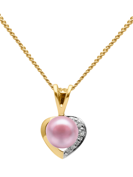 E.W Adams 9ct Gold Diamond and Freshwater Pearl Heart Pendant Necklace, Pink