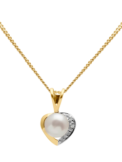 E.W Adams 9ct Gold Diamond and Freshwater Pearl Heart Pendant Necklace, White