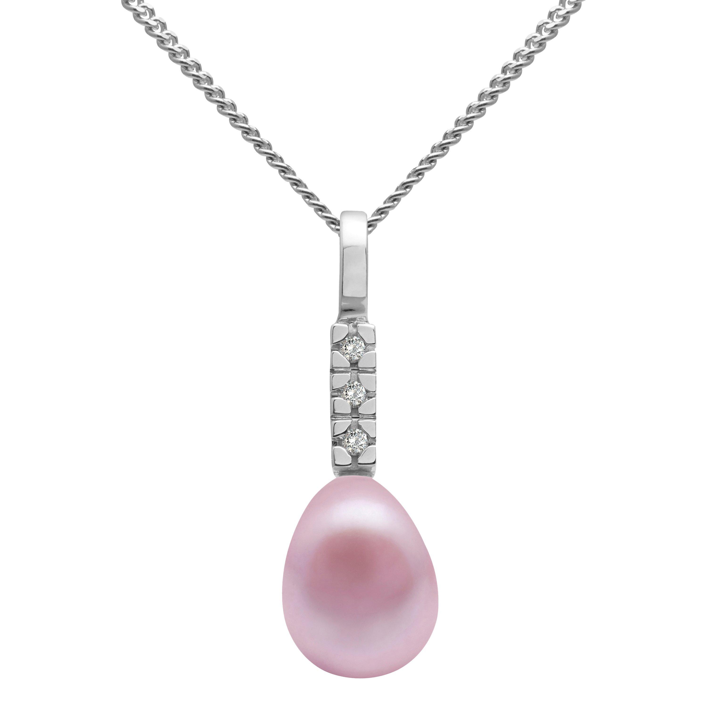 E.W Adams 9ct White Gold Freshwater Pearl and Diamond Pendant Necklace, Pink