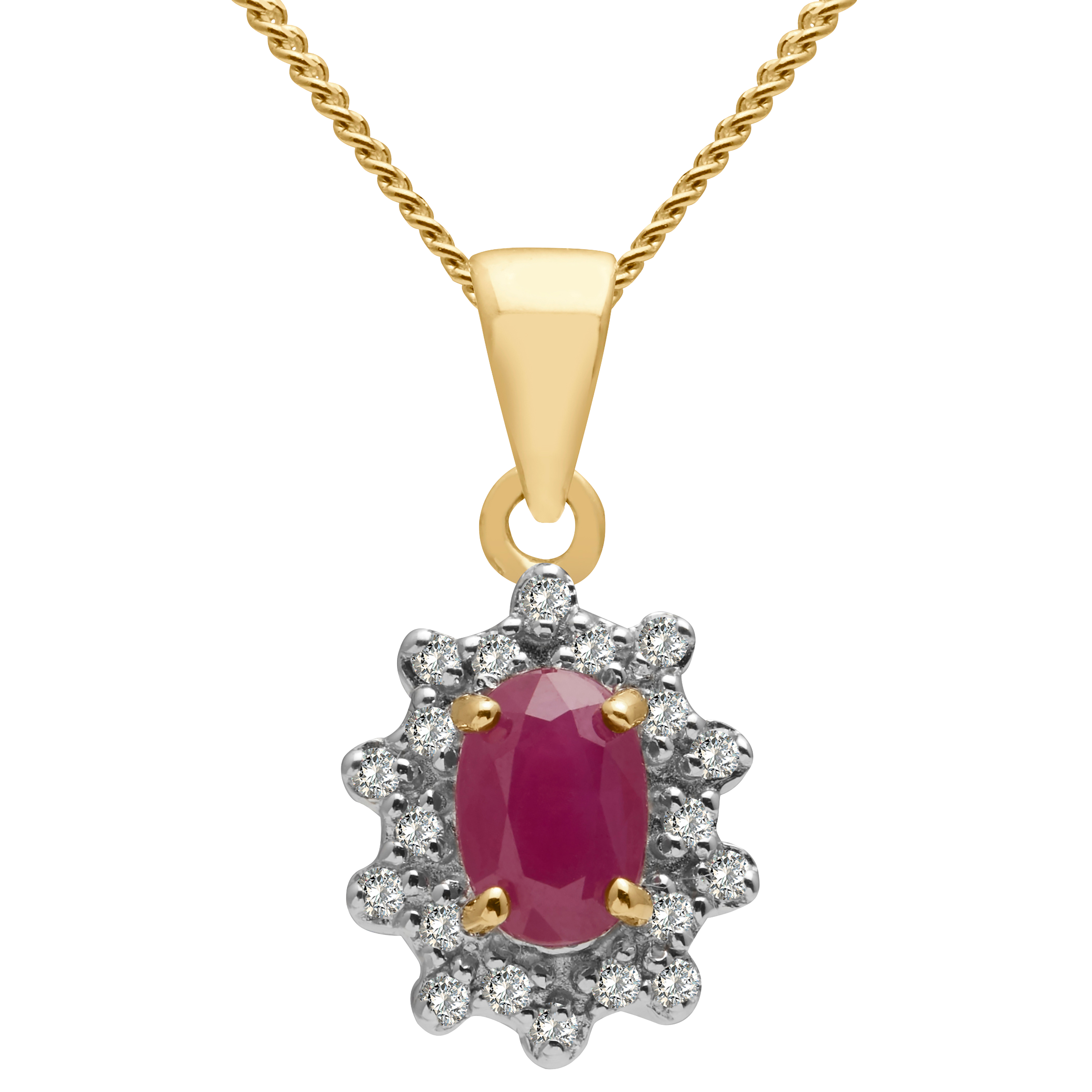 Product image 1 of 2, which shows E.W Adams 9ct Gold Oval Precious Stone and Diamond Cluster Pendant Necklace, Yellow Gold/Ruby