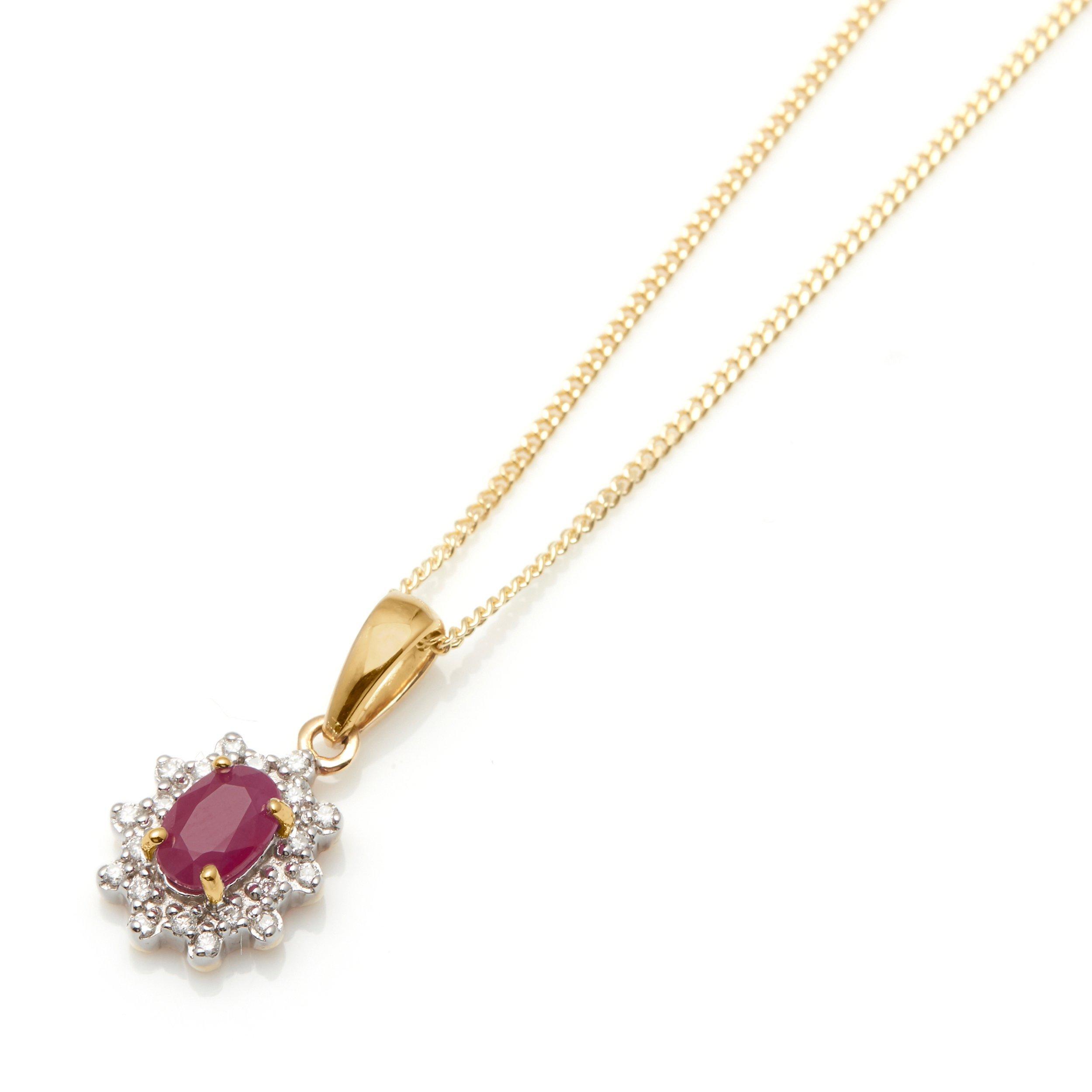 Product image 2 of 2, which shows E.W Adams 9ct Gold Oval Precious Stone and Diamond Cluster Pendant Necklace, Yellow Gold/Ruby
