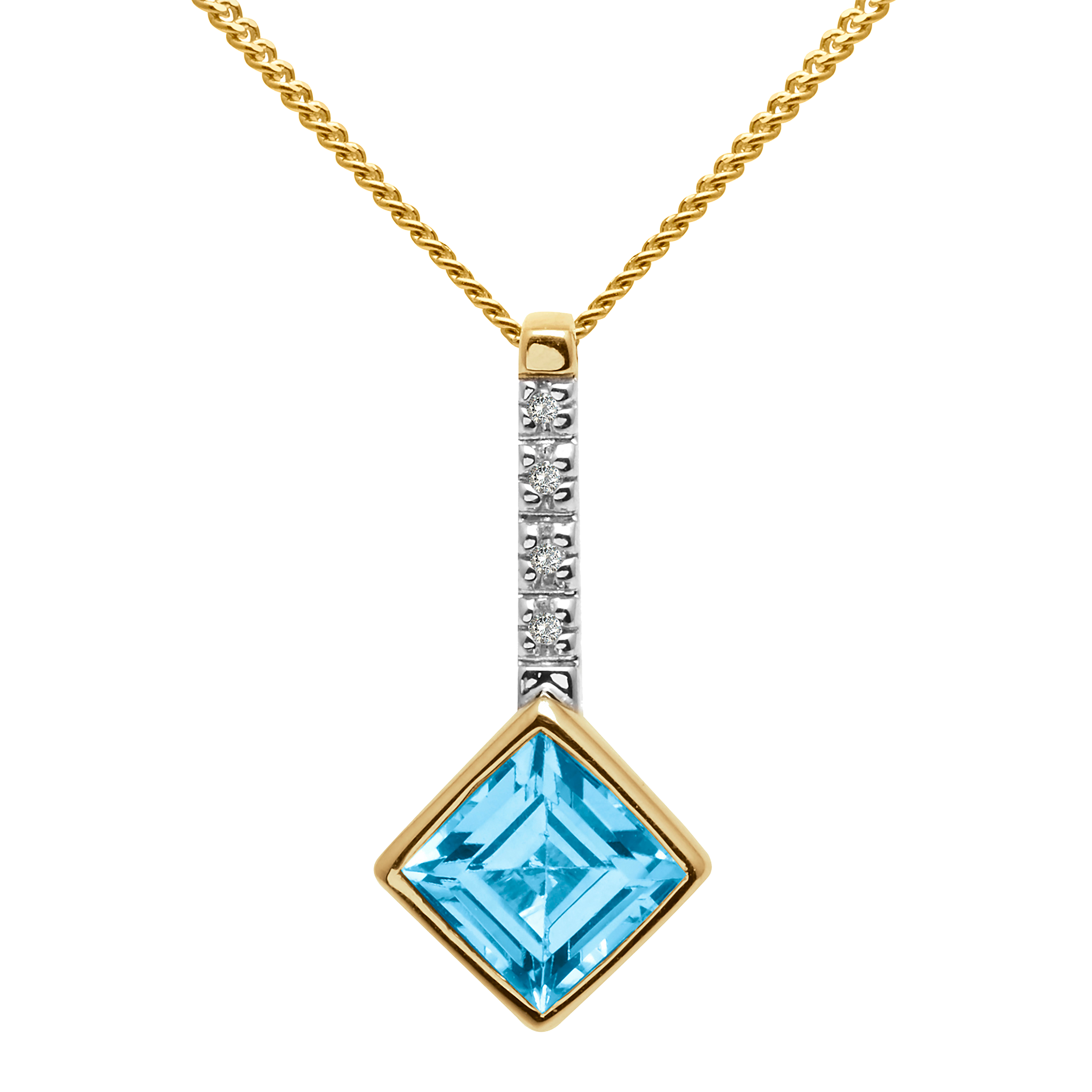 A B Davis 9ct Gold Princess Cut Semi Precious Stone and Diamond Pendant Necklace, Blue Topaz