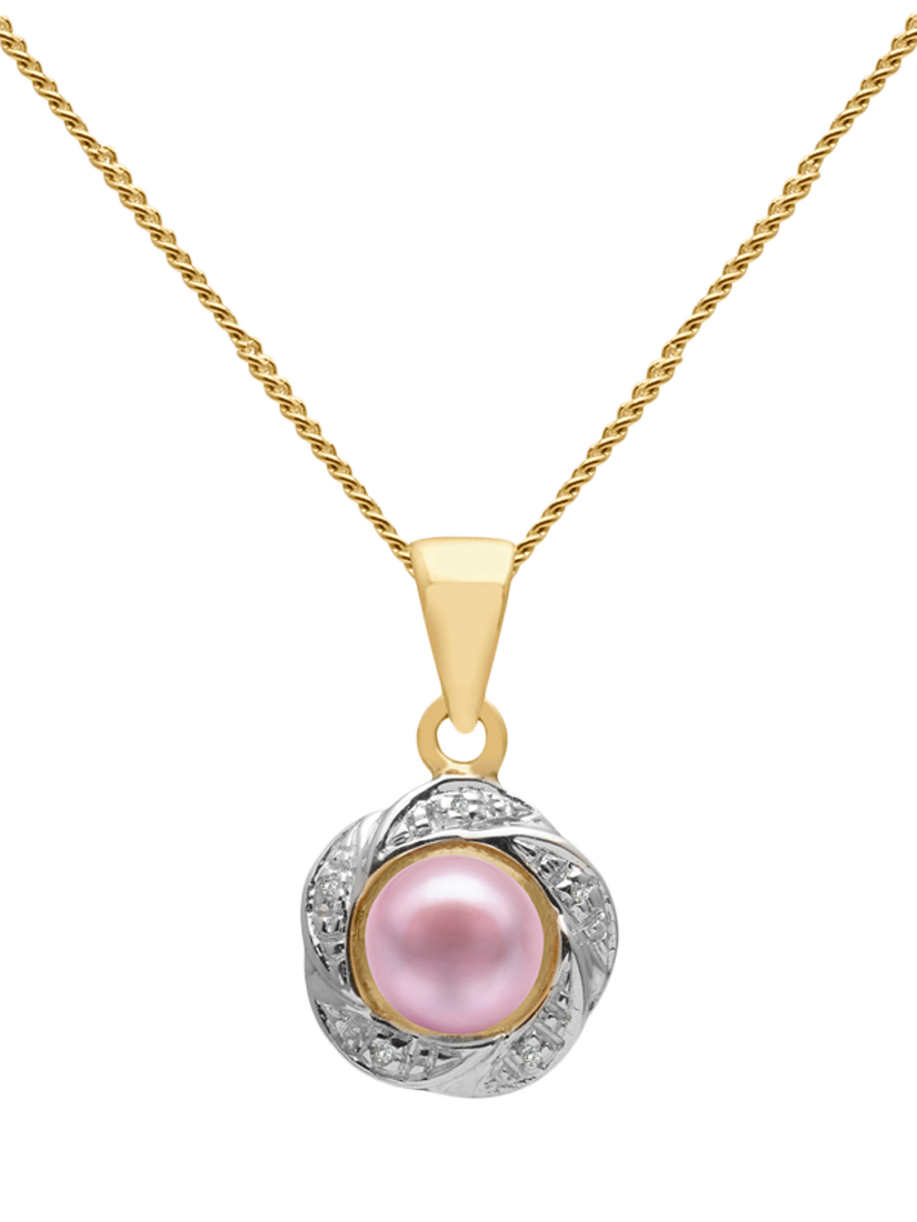 Product image 1 of 3, which shows E.W Adams 9ct Gold Diamond and Freshwater Pearl Flower Pendant Necklace, Pink