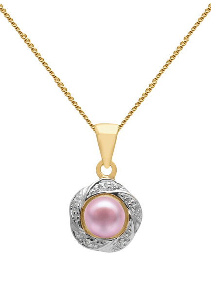 E.W Adams 9ct Gold Diamond and Freshwater Pearl Flower Pendant Necklace, Pink