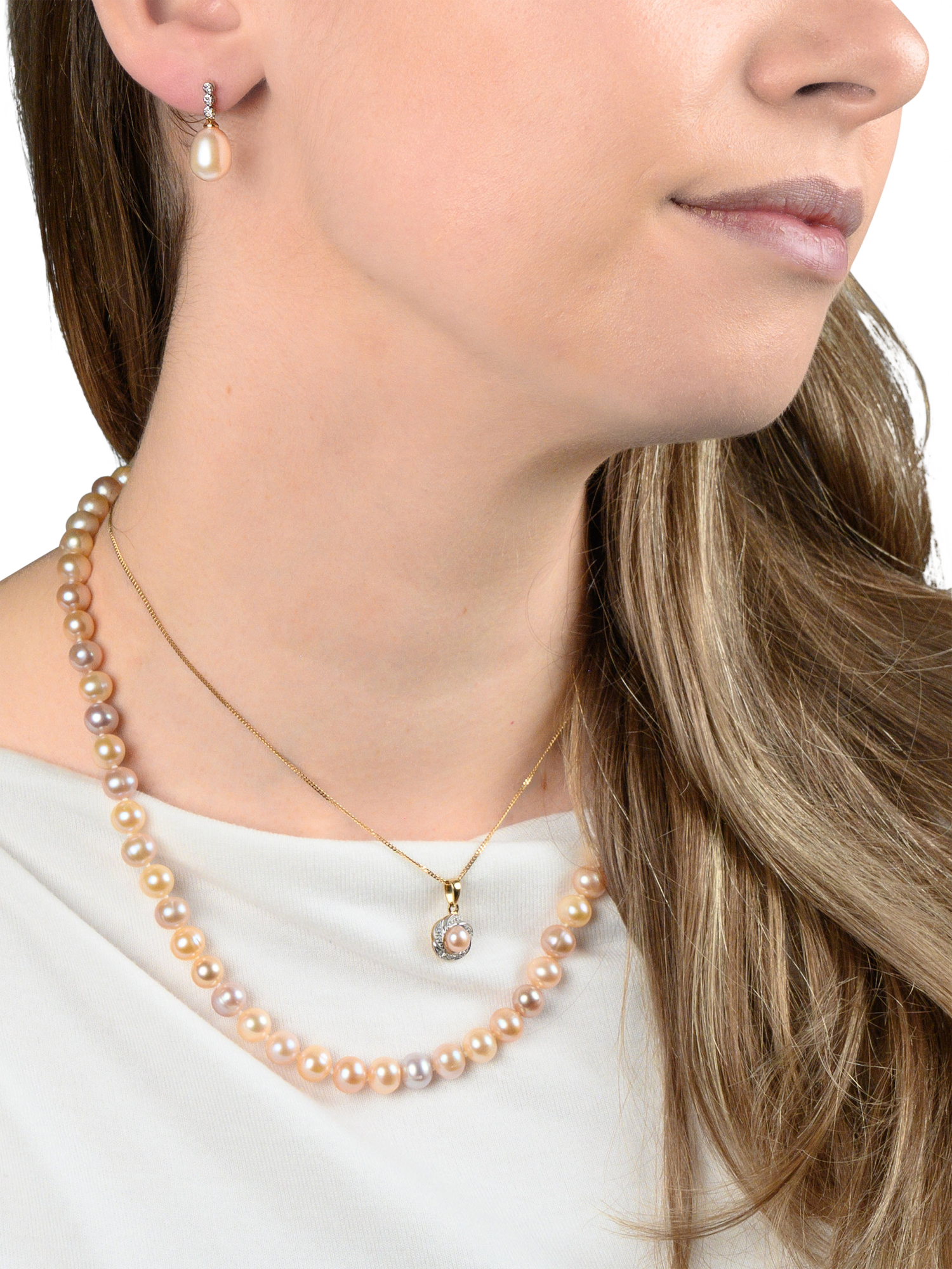 Product image 2 of 3, which shows E.W Adams 9ct Gold Diamond and Freshwater Pearl Flower Pendant Necklace, Pink