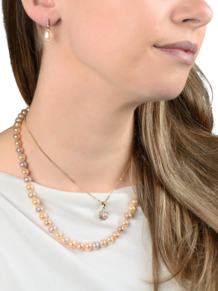 E.W Adams 9ct Gold Diamond and Freshwater Pearl Flower Pendant Necklace - view 2, Pink