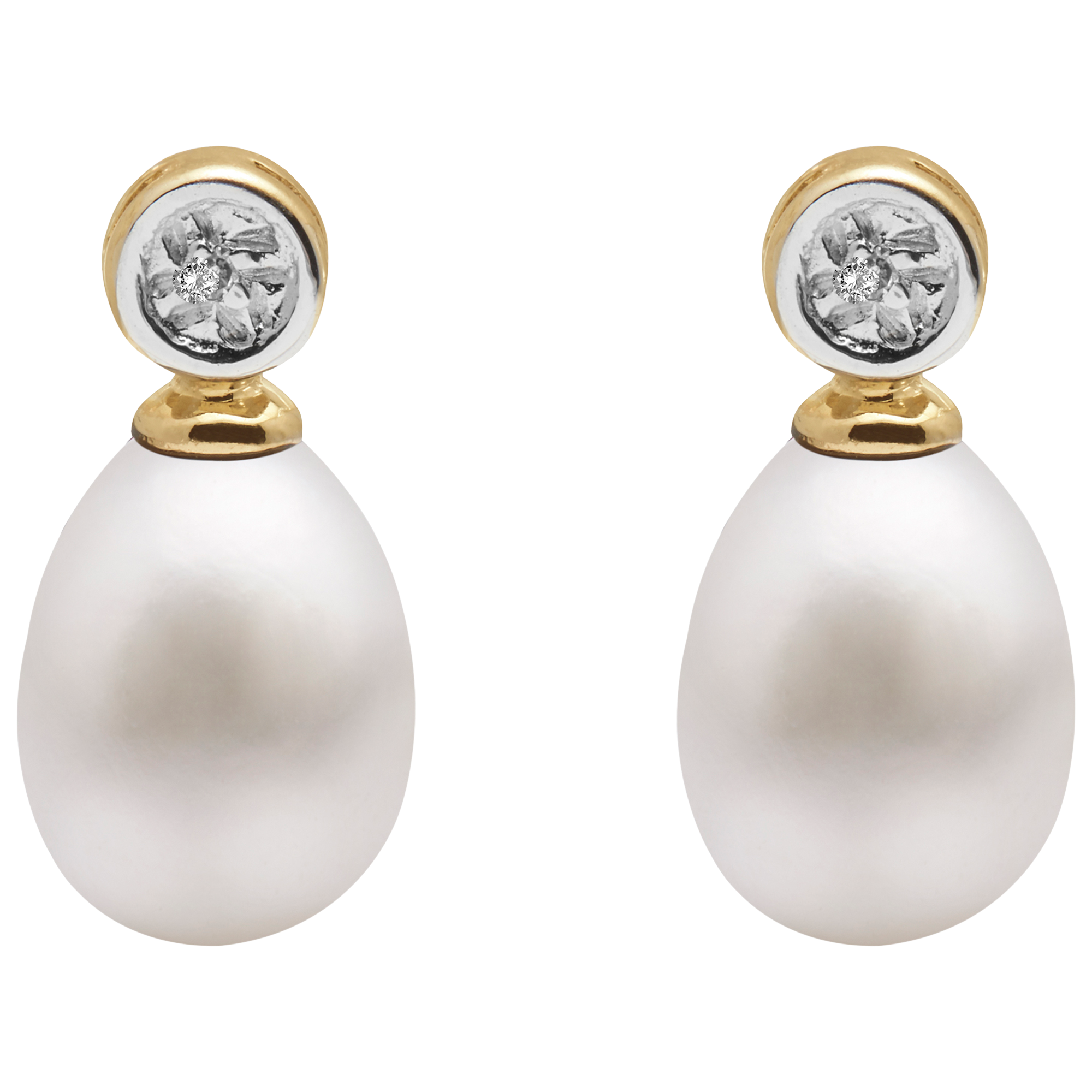 E.W Adams 9ct Gold Freshwater Pearl Rub-Over Diamond Drop Earrings
