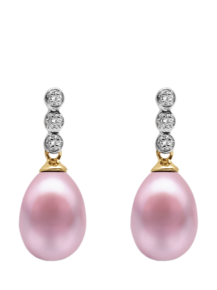 E.W Adams 9ct Gold Freshwater Pearl Three Diamond Drop Earrings, Pink