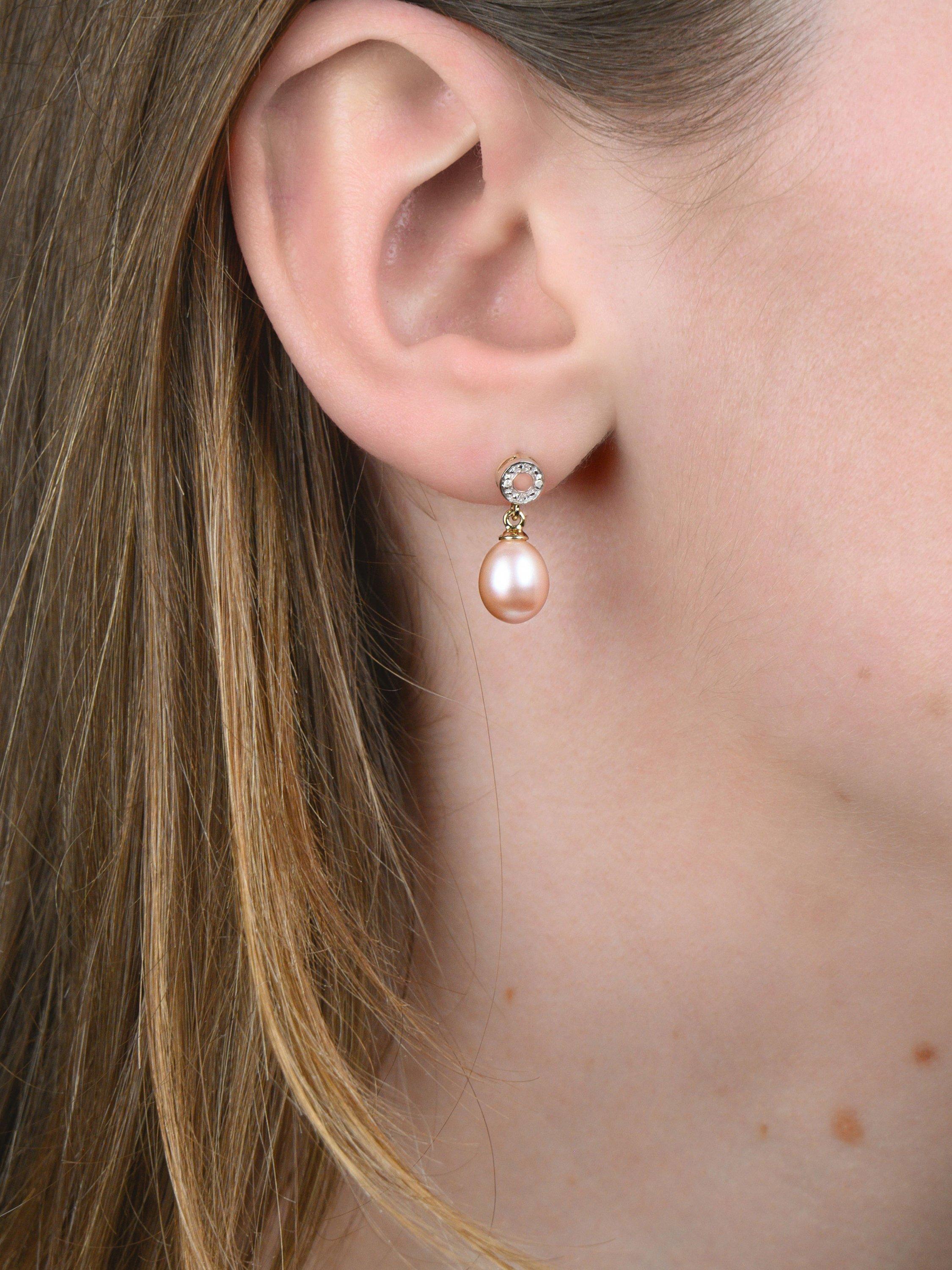 Product image 1 of 4, which shows E.W Adams 9ct Gold Freshwater Pearl and Diamond Circle Drop Earrings, Pink