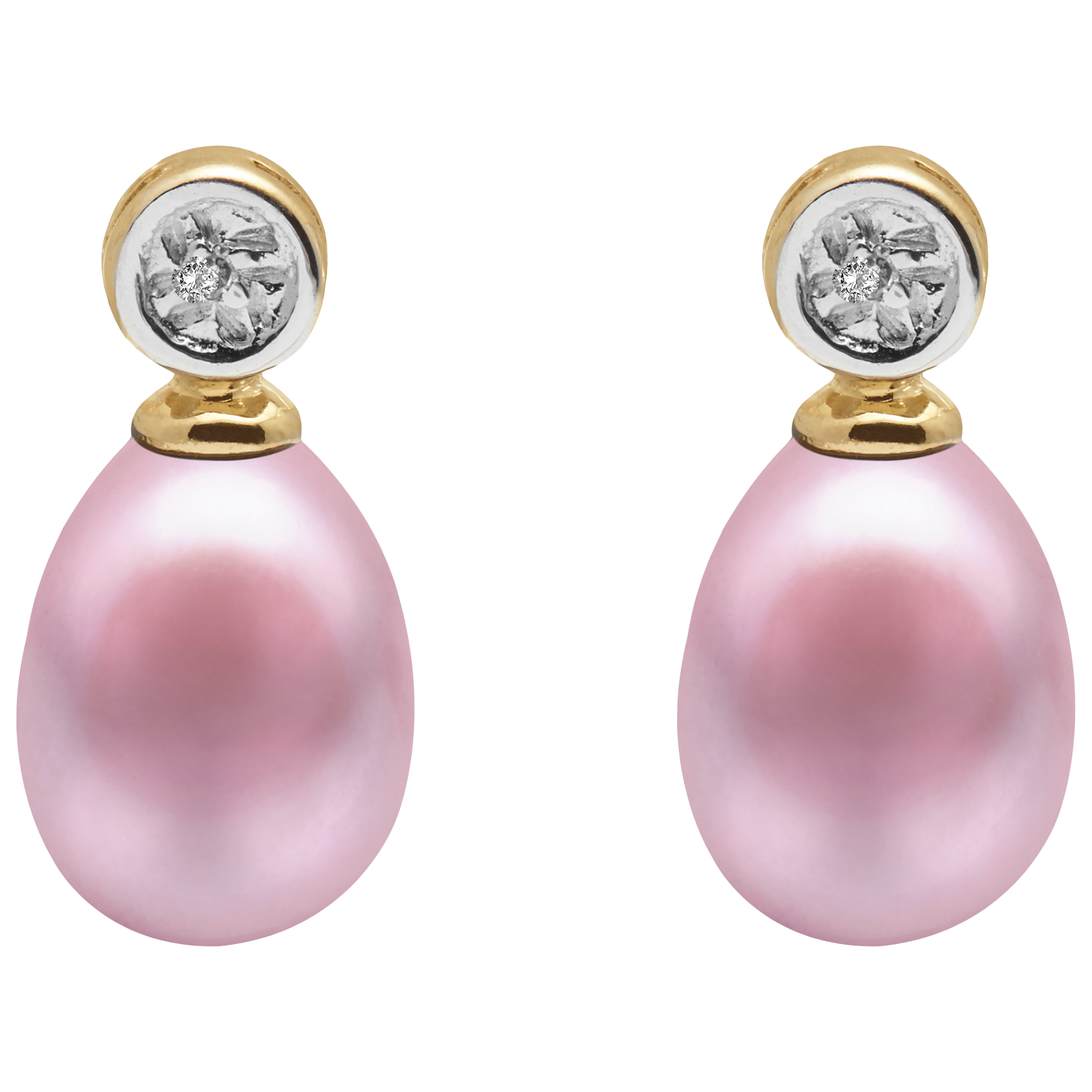 E.W Adams 9ct Gold Freshwater Pearl Rub-Over Diamond Drop Earrings, Pink