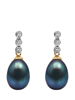 E.W Adams 9ct Gold Freshwater Pearl Three Diamond Drop Earrings, Black