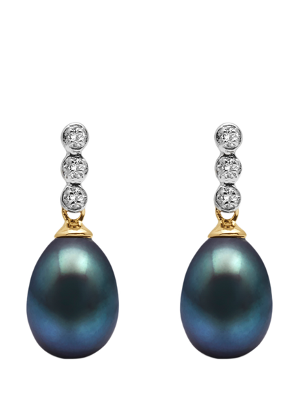E.W Adams 9ct Gold Freshwater Pearl Three Diamond Drop Earrings, Black