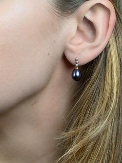 E.W Adams 9ct Gold Freshwater Pearl Three Diamond Drop Earrings - view 2, Black