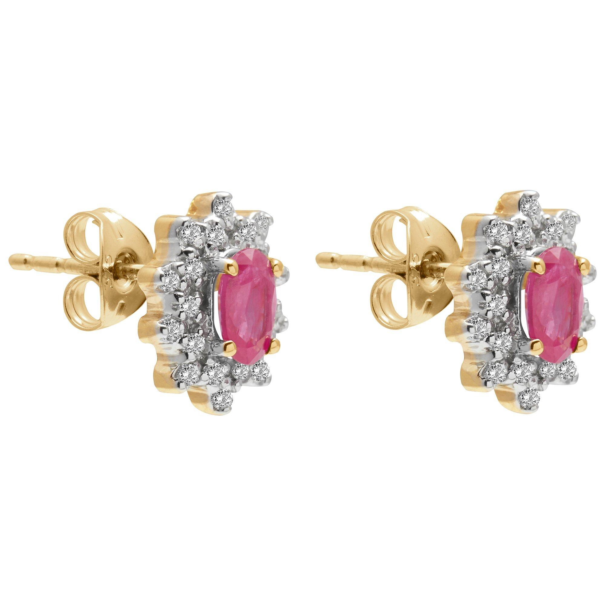 Product image 2 of 2, which shows E.W Adams 9ct Gold Oval Precious Stone and Cluster Diamond Stud Earrings, Ruby