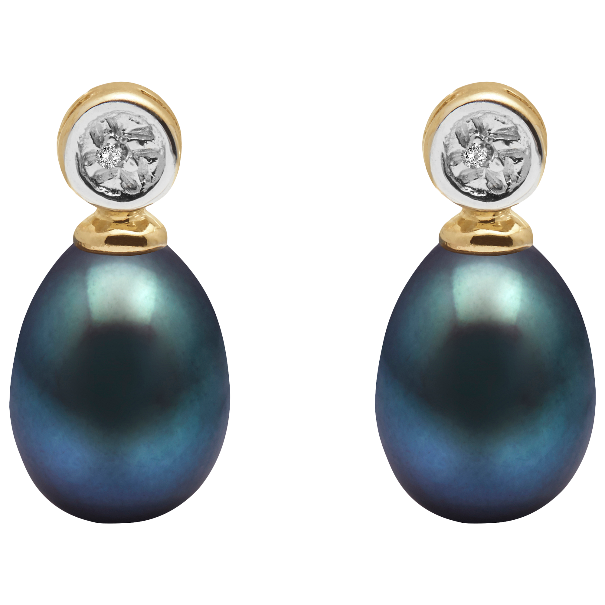 E.W Adams 9ct Gold Freshwater Pearl Rub-Over Diamond Drop Earrings, Black