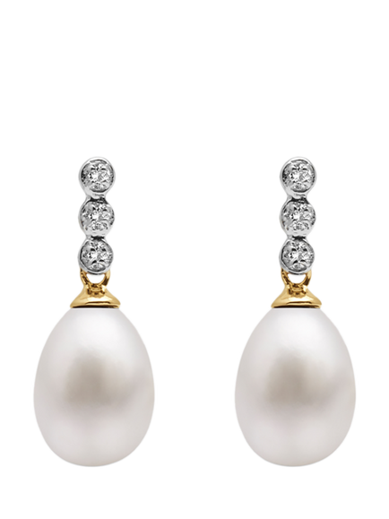 E.W Adams 9ct Gold Freshwater Pearl Three Diamond Drop Earrings, White