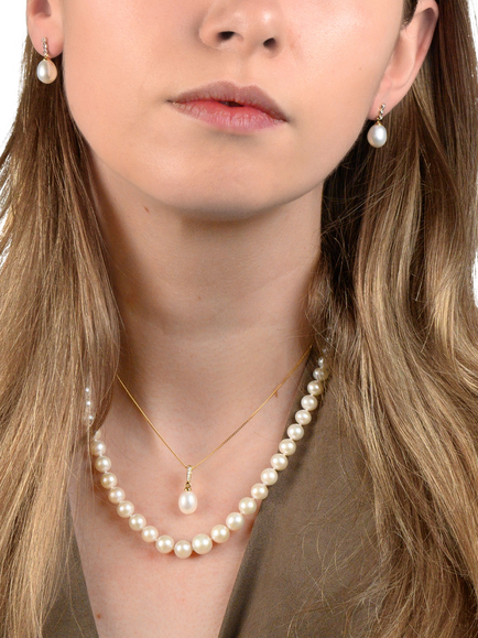 E.W Adams 9ct Gold Freshwater Pearl Three Diamond Drop Earrings - view 2, White