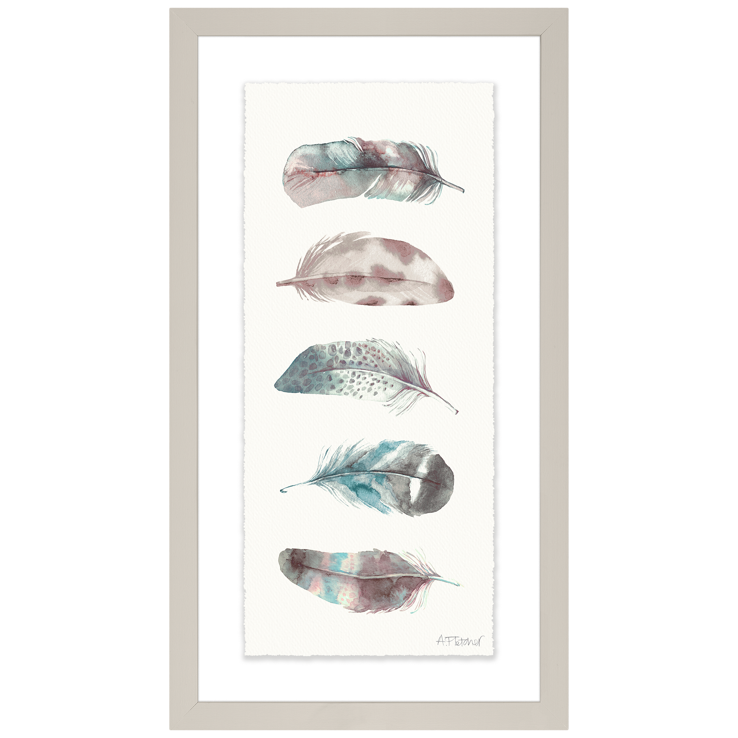 Adelene Fletcher - Watercolour Feathers Framed Print & Mount, 38 x 21cm