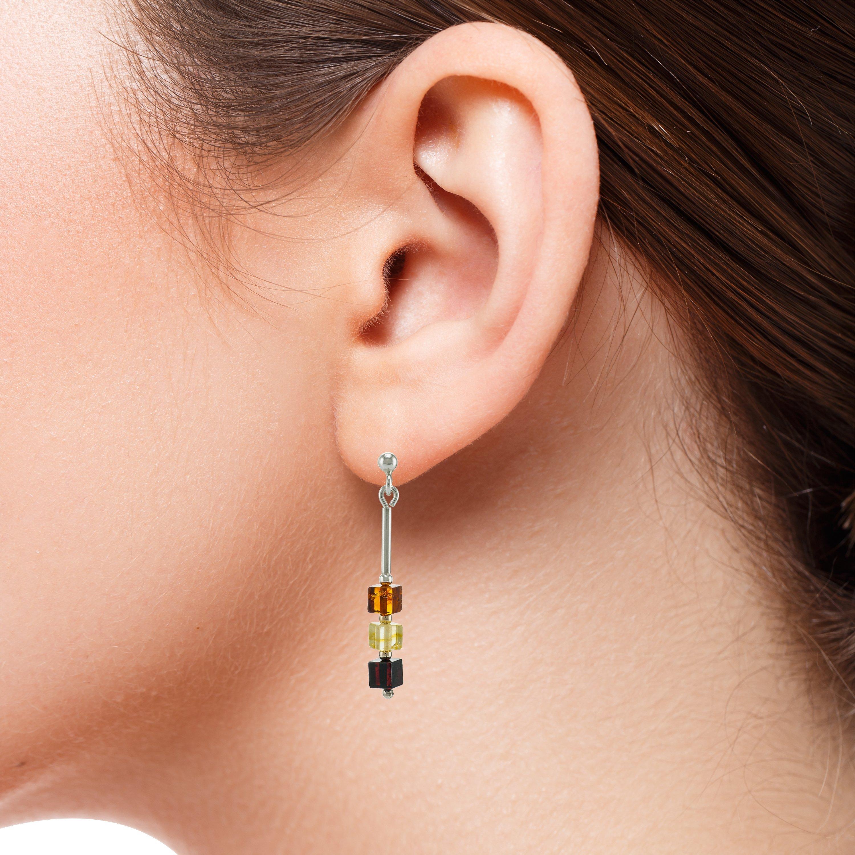 Product image 2 of 4, which shows Be-Jewelled Sterling Silver Tricolour Amber Cube Drop Earrings, Multi