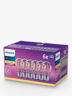 Philips 7W ES LED Classic Filament Bulbs, Warm White, Non Dimmable, Pack of 6 - view 2, Clear