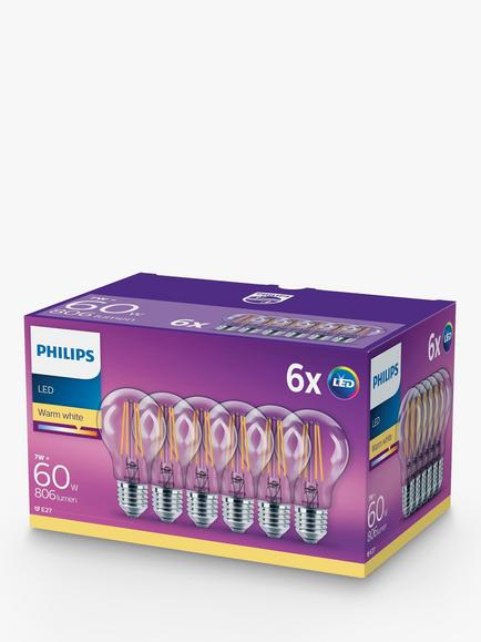 Philips 7W ES LED Classic Filament Bulbs, Warm White, Non Dimmable, Pack of 6 - view 2, Clear