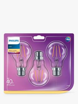 Philips 4W BC LED Non Dimmable Classic Filament Bulbs, Clear, Pack of 3 - view 2, Clear