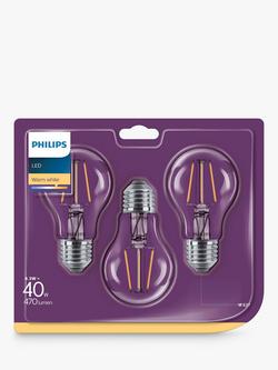 Philips 4.3W ES LED Non Dimmable Classic Filament Bulbs, Clear, Pack of 3 - view 2, Clear