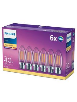 Philips 4W BC LED Non Dimmable Filament Candle Bulbs, Clear, Pack of 6 - view 2, Clear