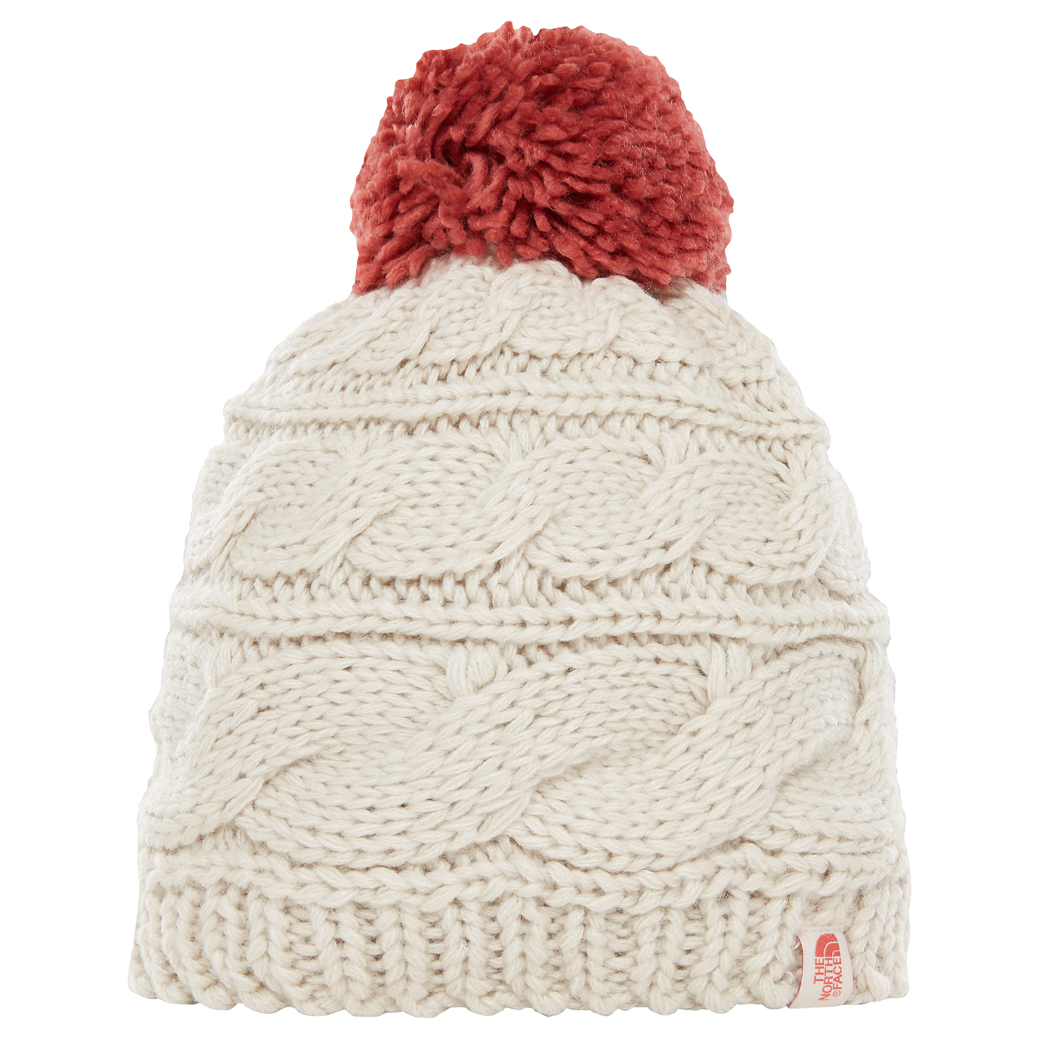 The North Face Triple Cable Beanie Hat, Beige/Red Pom Pom