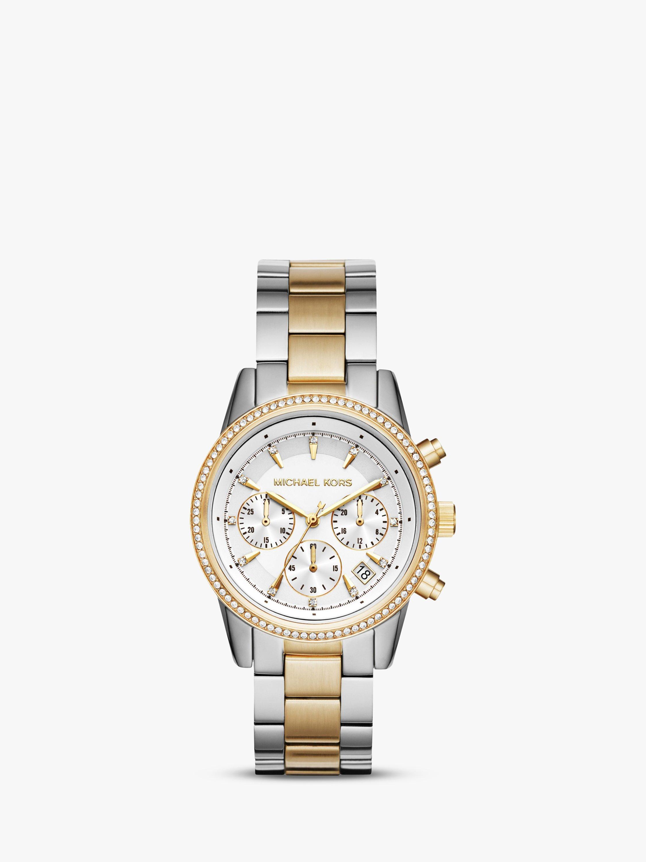 Product image 1 of 3, which shows Michael Kors Women's Ritz Crystal Chronograph Date Bracelet Strap Watch, Silver/Gold MK6474