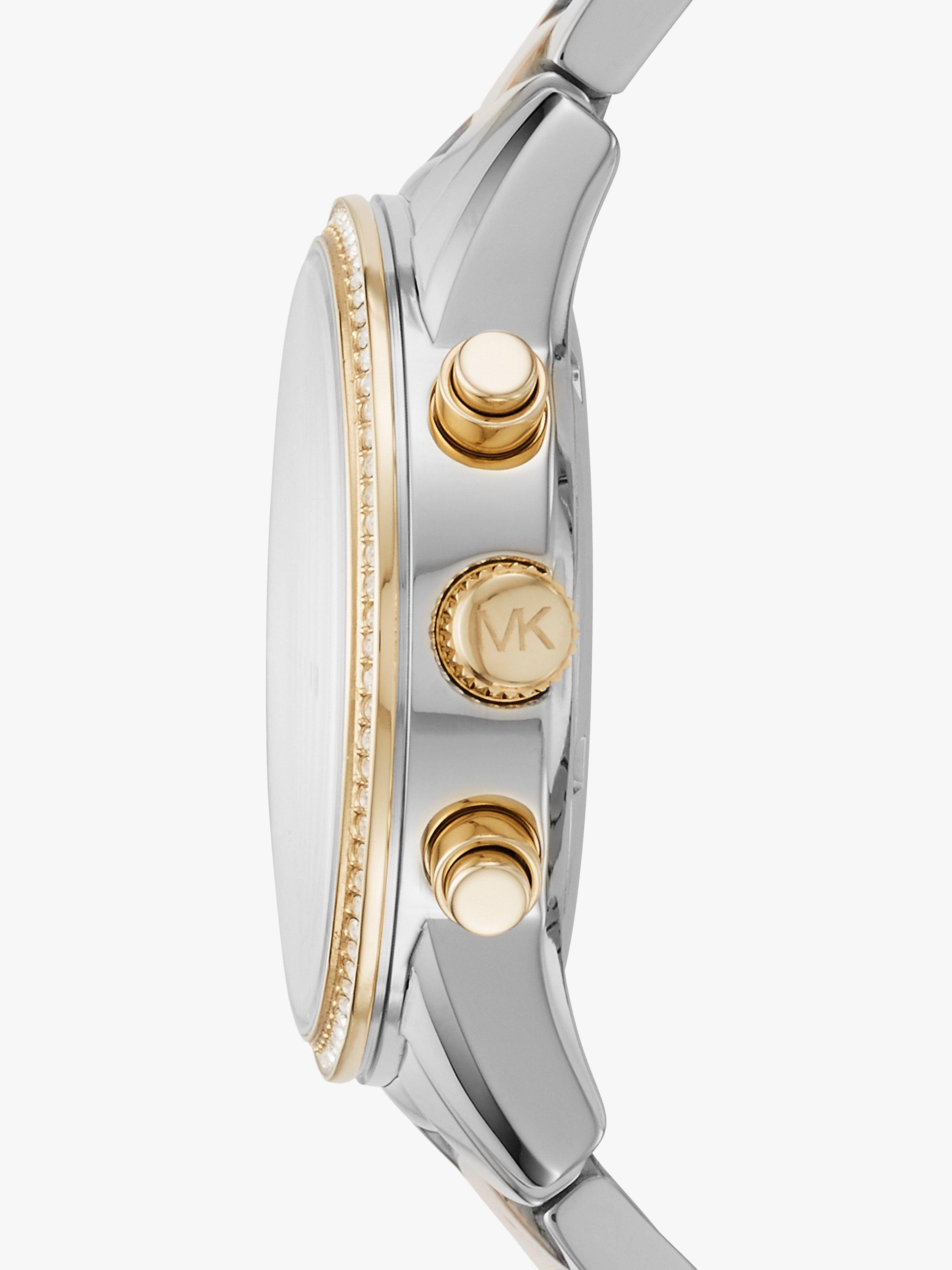Product image 2 of 3, which shows Michael Kors Women's Ritz Crystal Chronograph Date Bracelet Strap Watch, Silver/Gold MK6474