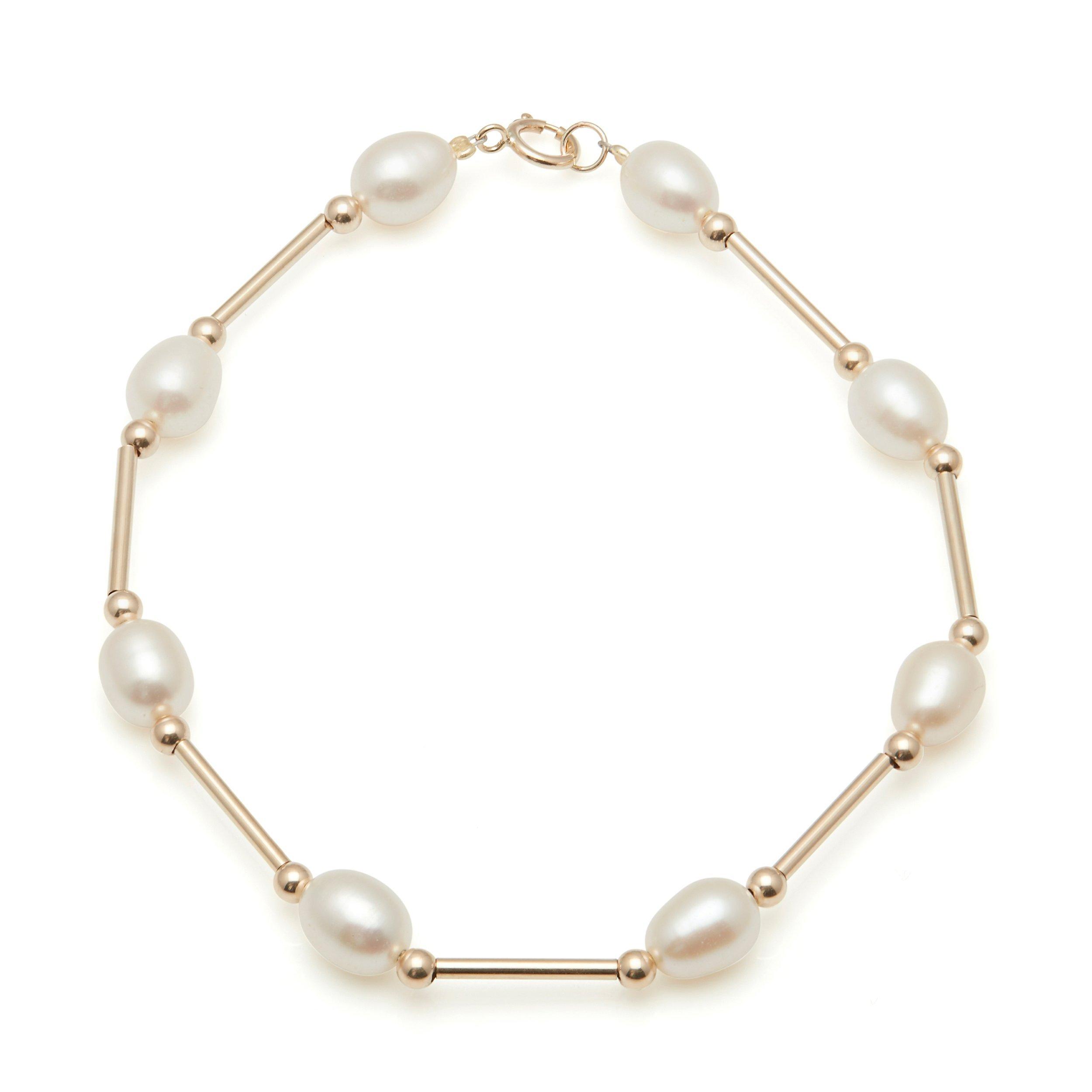E.W Adams 9ct Gold Oval Freshwater Pearl Bar Bracelet
