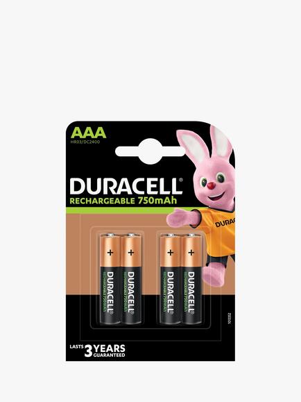 Duracell Rechargeable AAA Batteries, 750mAh, Pack of 4, 
