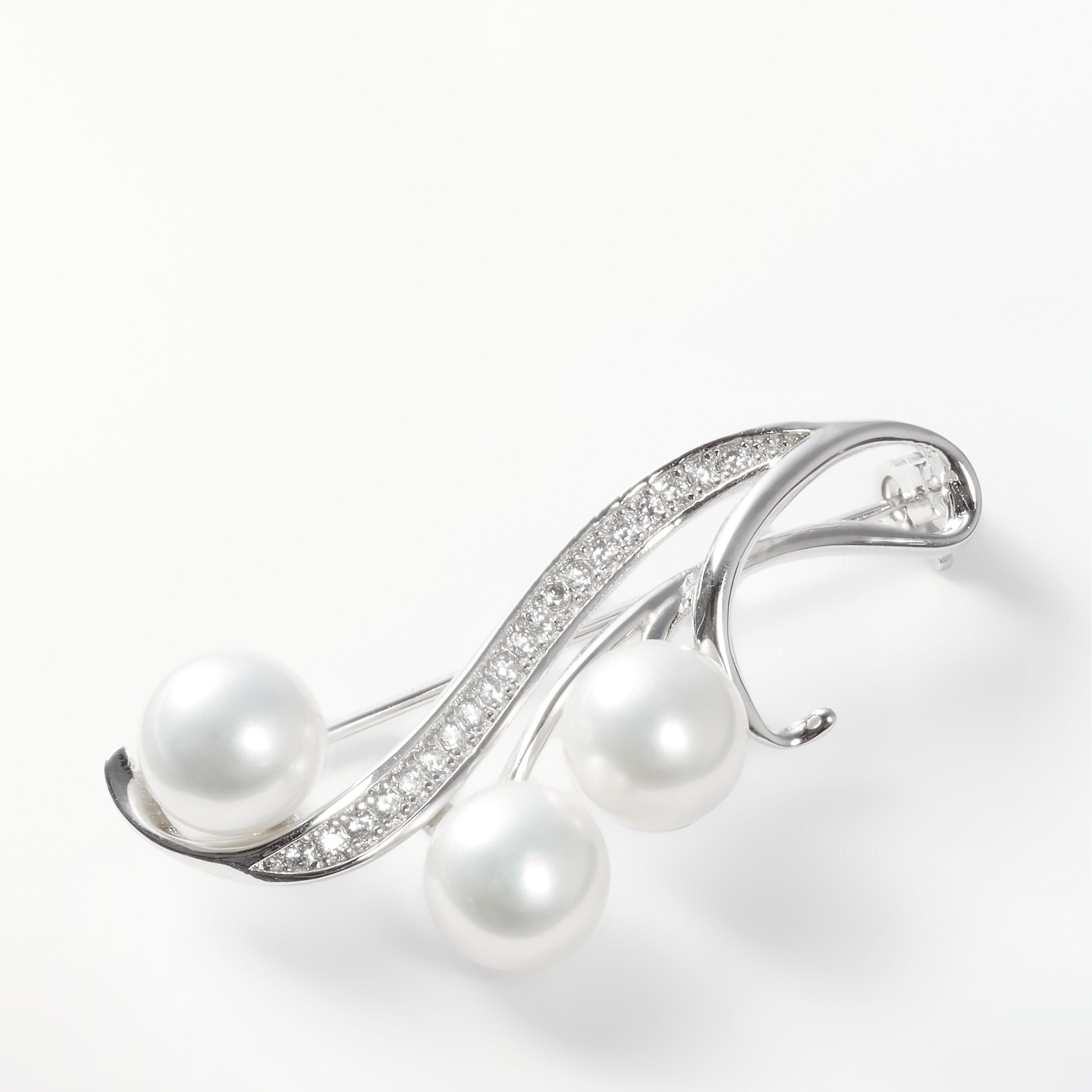 Lido Freshwater Pearl and Cubic Zirconia Swirl Brooch, Silver/White