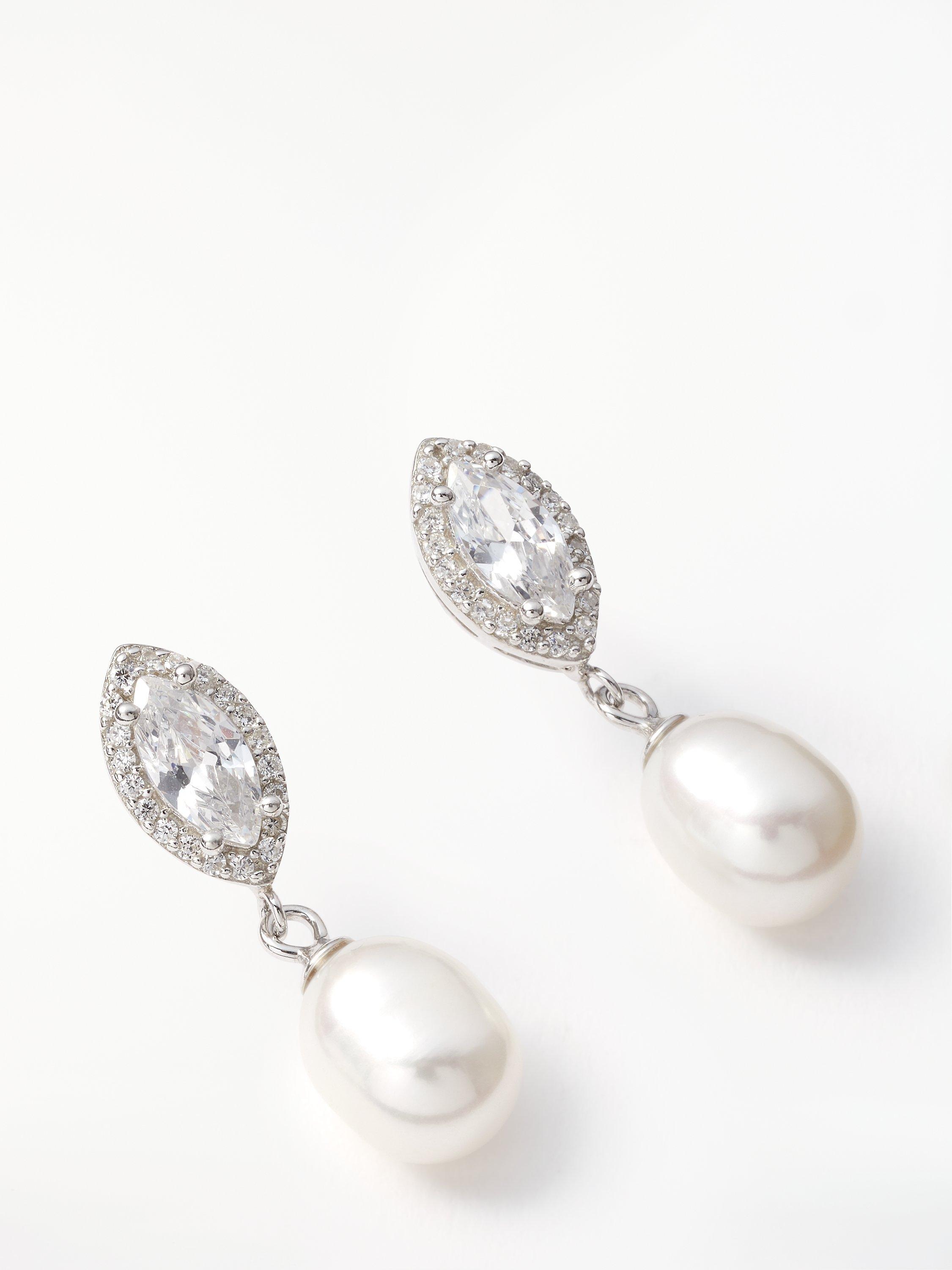 Product image 1 of 4, which shows Lido Freshwater Pearl and Marquise Cubic Zirconia Drop Earrings, Silver/White
