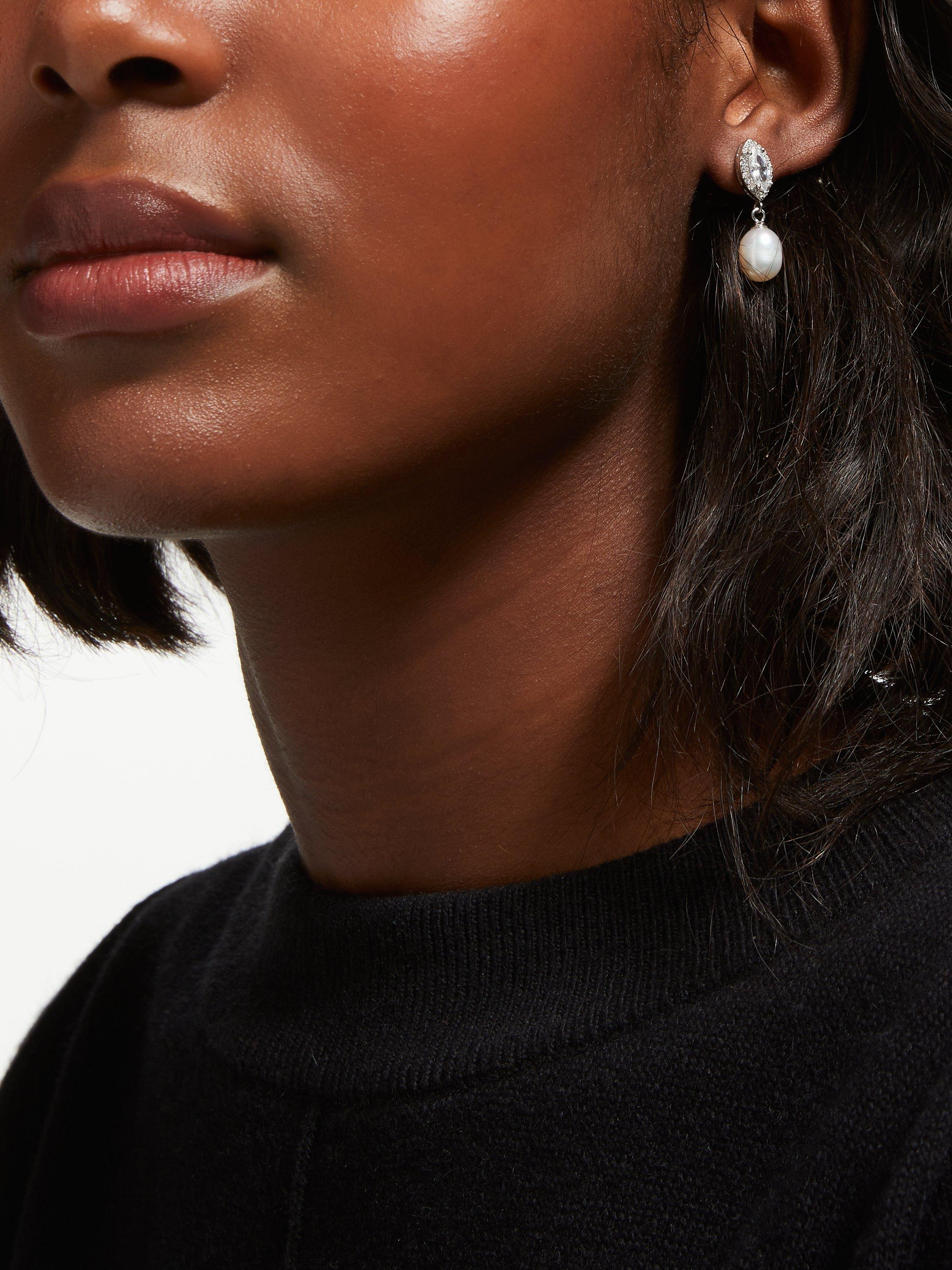 Product image 2 of 4, which shows Lido Freshwater Pearl and Marquise Cubic Zirconia Drop Earrings, Silver/White