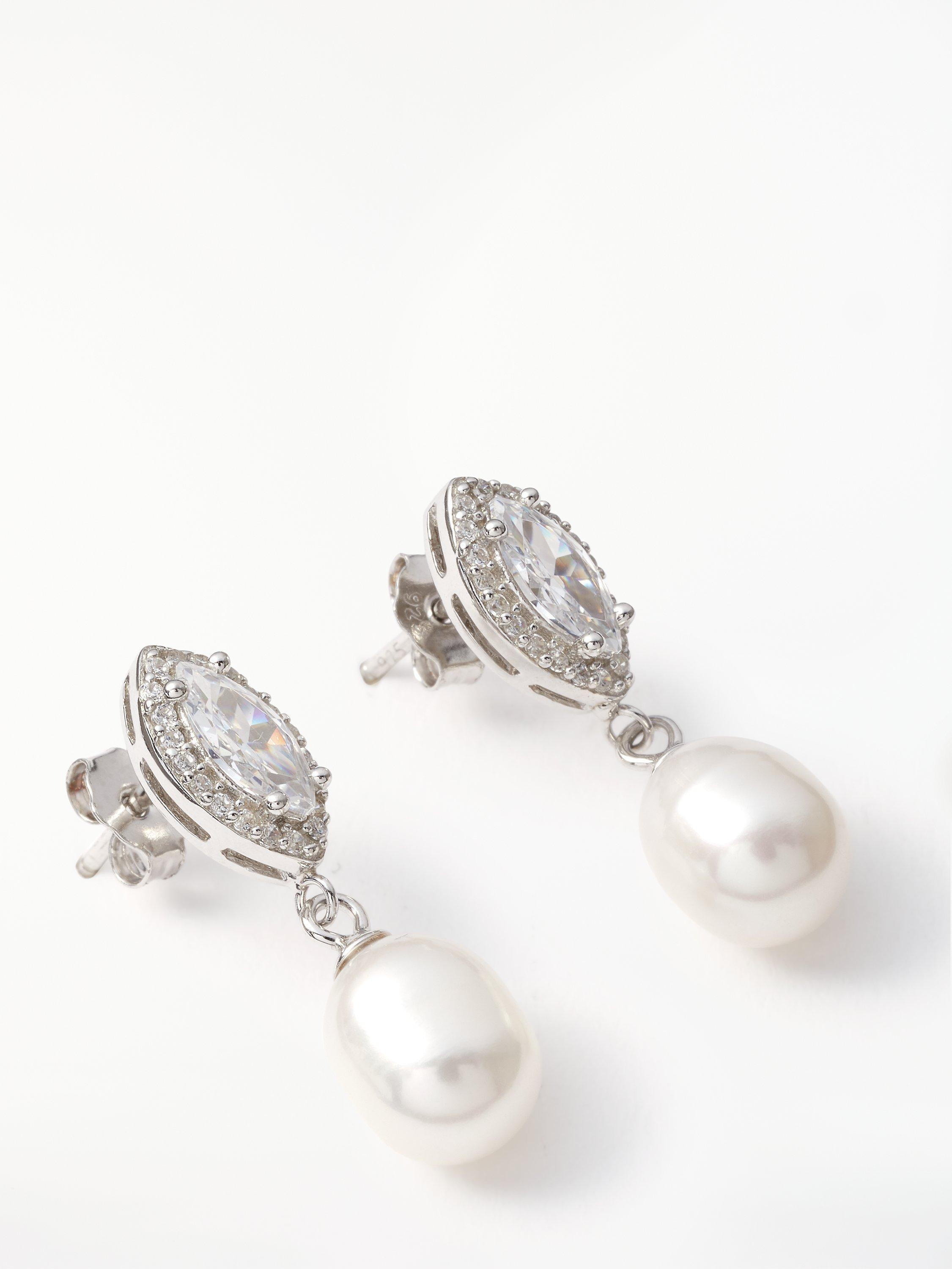 Product image 3 of 4, which shows Lido Freshwater Pearl and Marquise Cubic Zirconia Drop Earrings, Silver/White