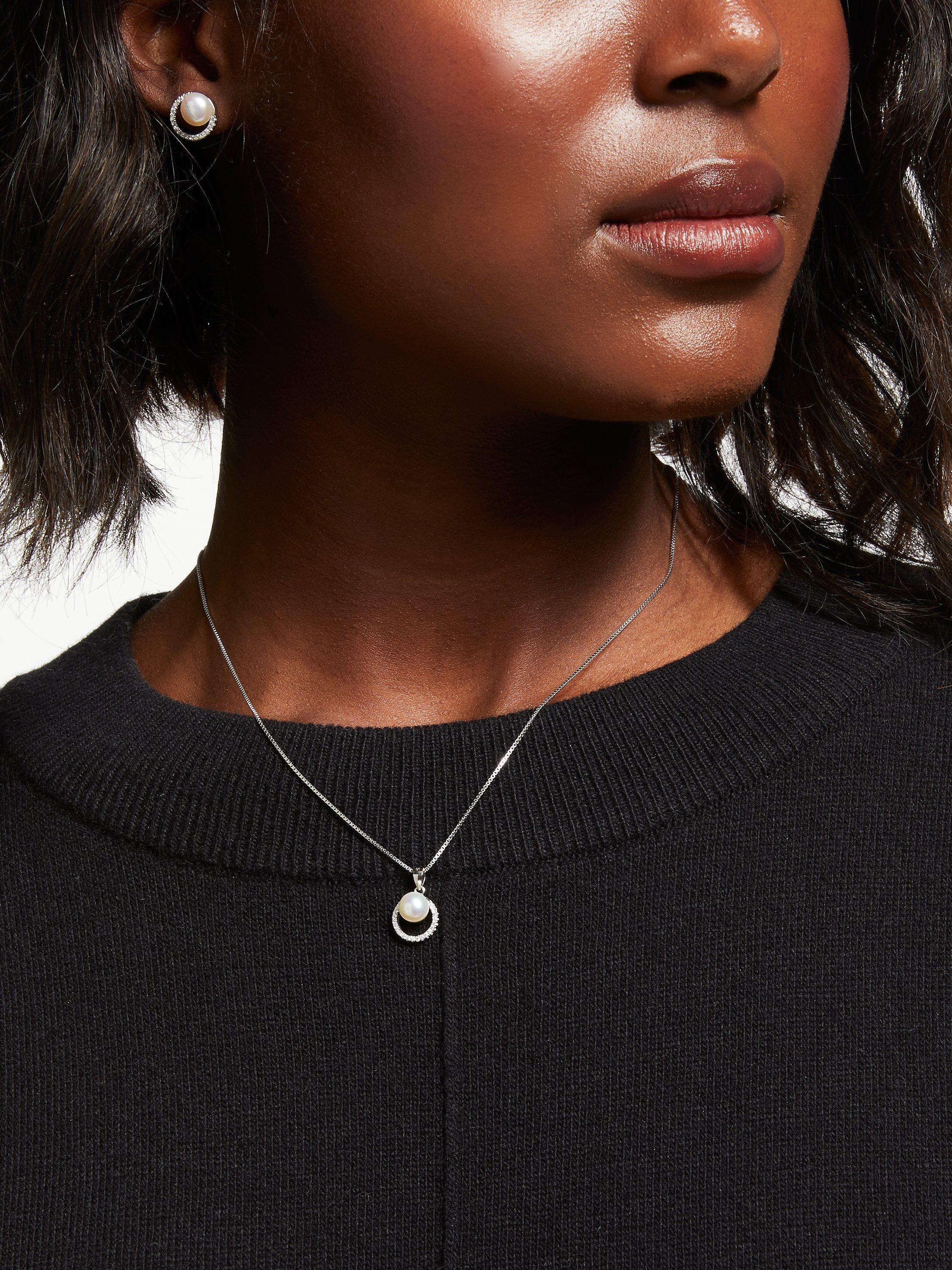Product image 2 of 5, which shows Lido Crystal and Freshwater Pearl Round Stud Earrings and Pendant Necklace Jewellery Set, Silver