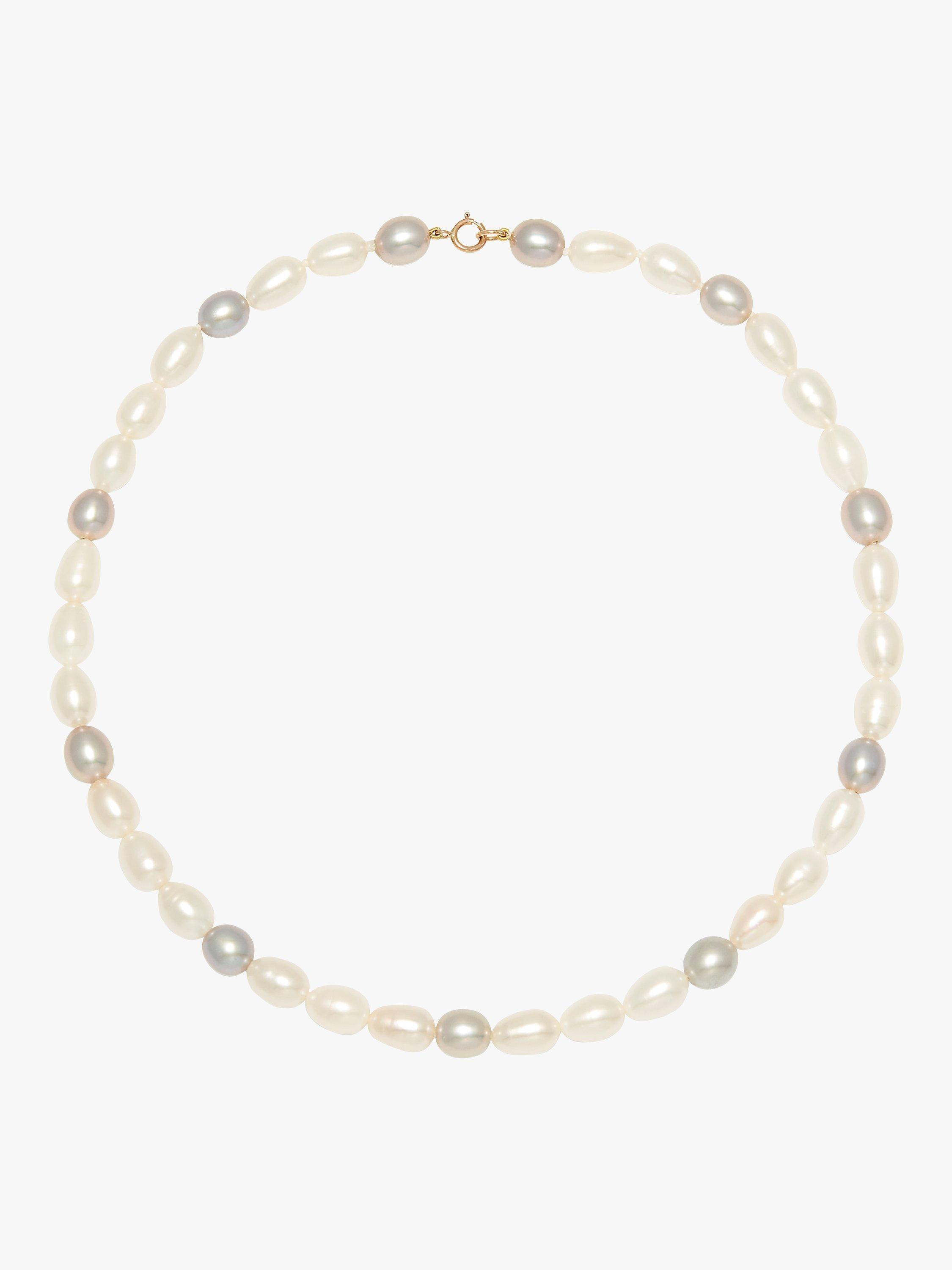 E.W Adams 9ct Gold Clasp Rice Pearl Necklace, White/Grey