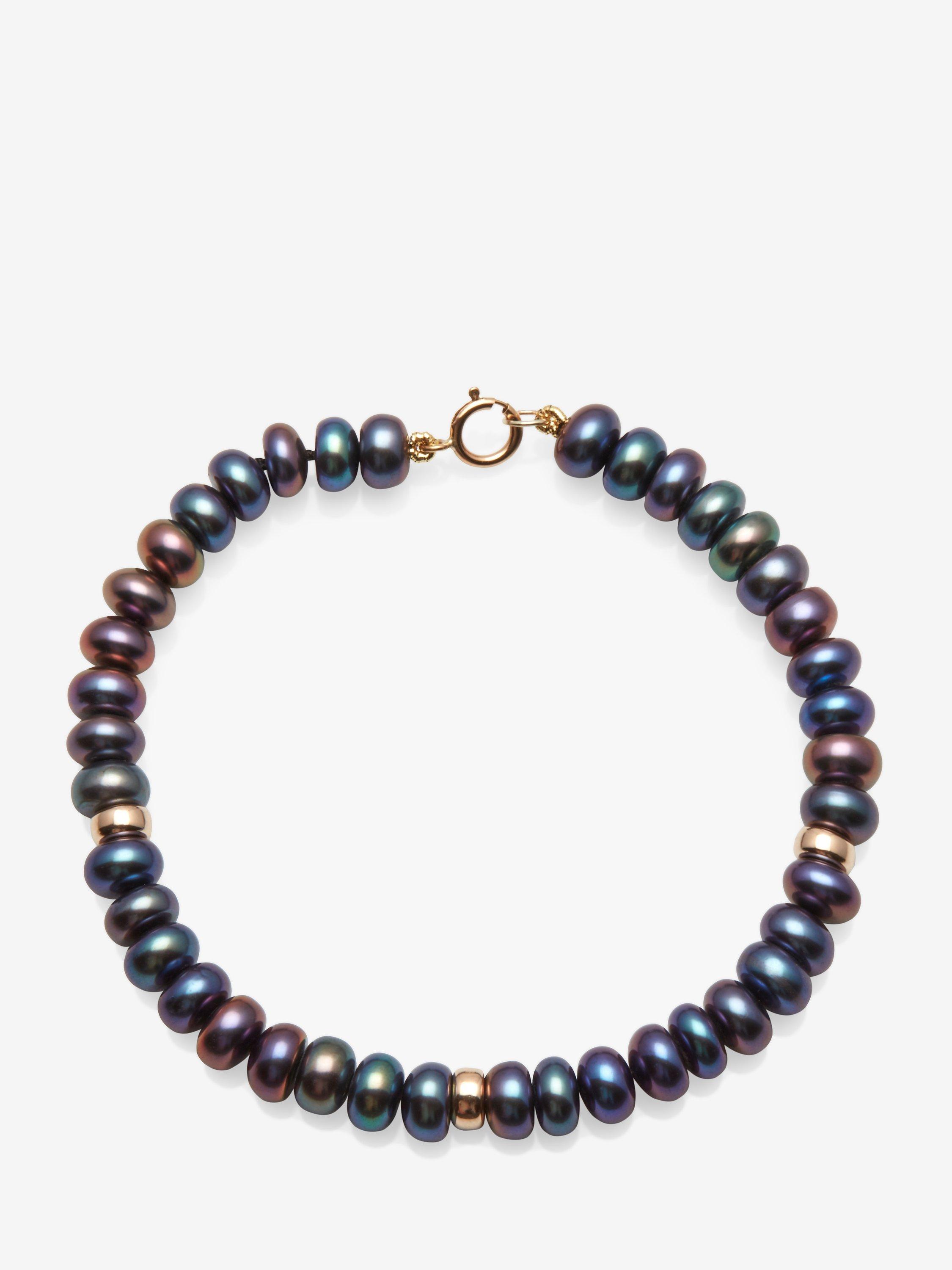 E.W Adams 9ct Gold Rondelle and Freshwater Pearl Bracelet, Peacock Black