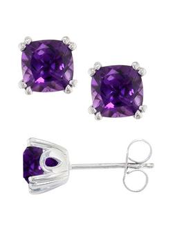 E.W Adams 9ct Gold Cushion Stud Earrings - view 2, Amethyst