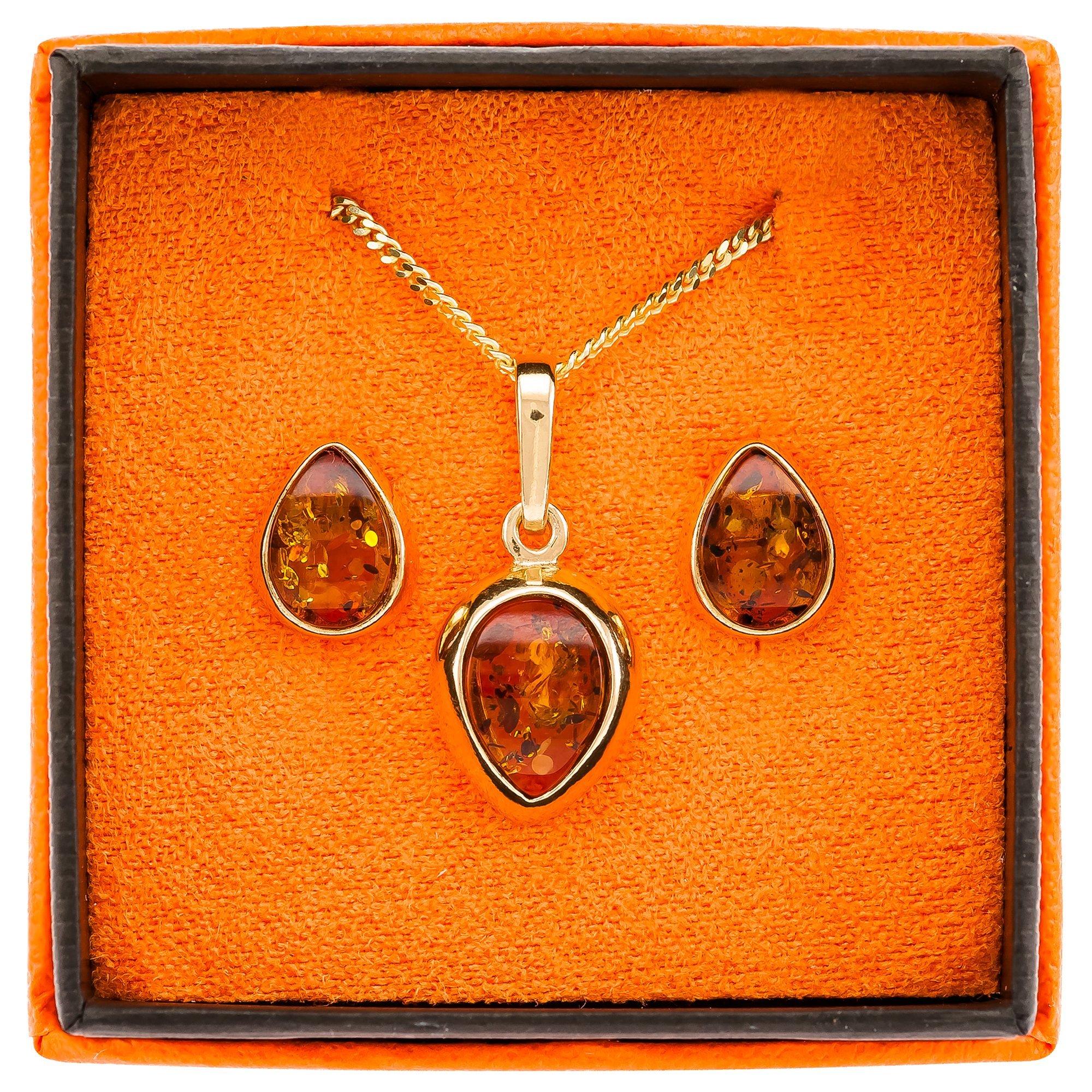 Product image 4 of 5, which shows Be-Jewelled Teardrop Stud Earrings and Pendant Necklace Jewellery Set, Gold/Cognac