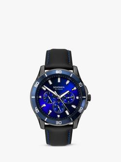 Sekonda 1634.27 Men's Chronograph Leather Strap Watch, Black/Midnight Blue, Black/Midnight Blue
