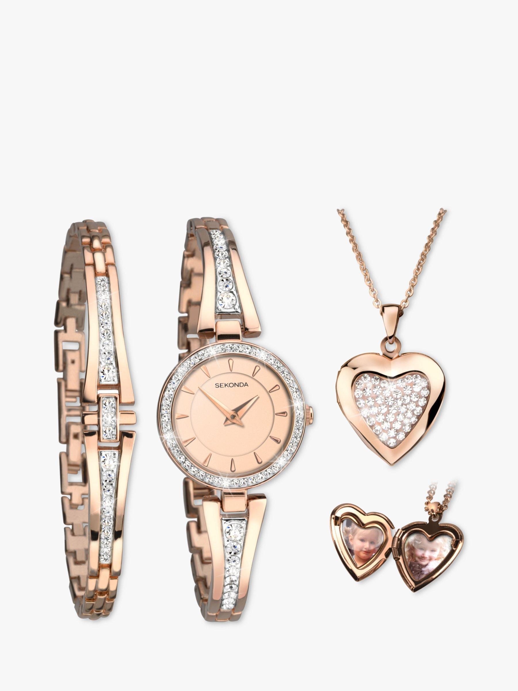 Product image 1 of 4, which shows Sekonda 2533G.76 Women's Crystal Locket Pendant Bangle and Bracelet Strap Watch Gift Set, Rose Gold