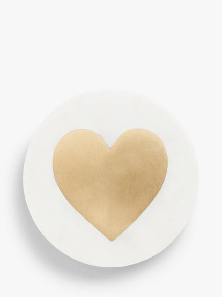 John Lewis White Marble Brass Heart Round Coaster, White/Brass